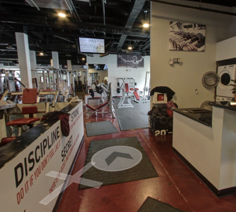screenshot of 360 tour view of gym from front desk